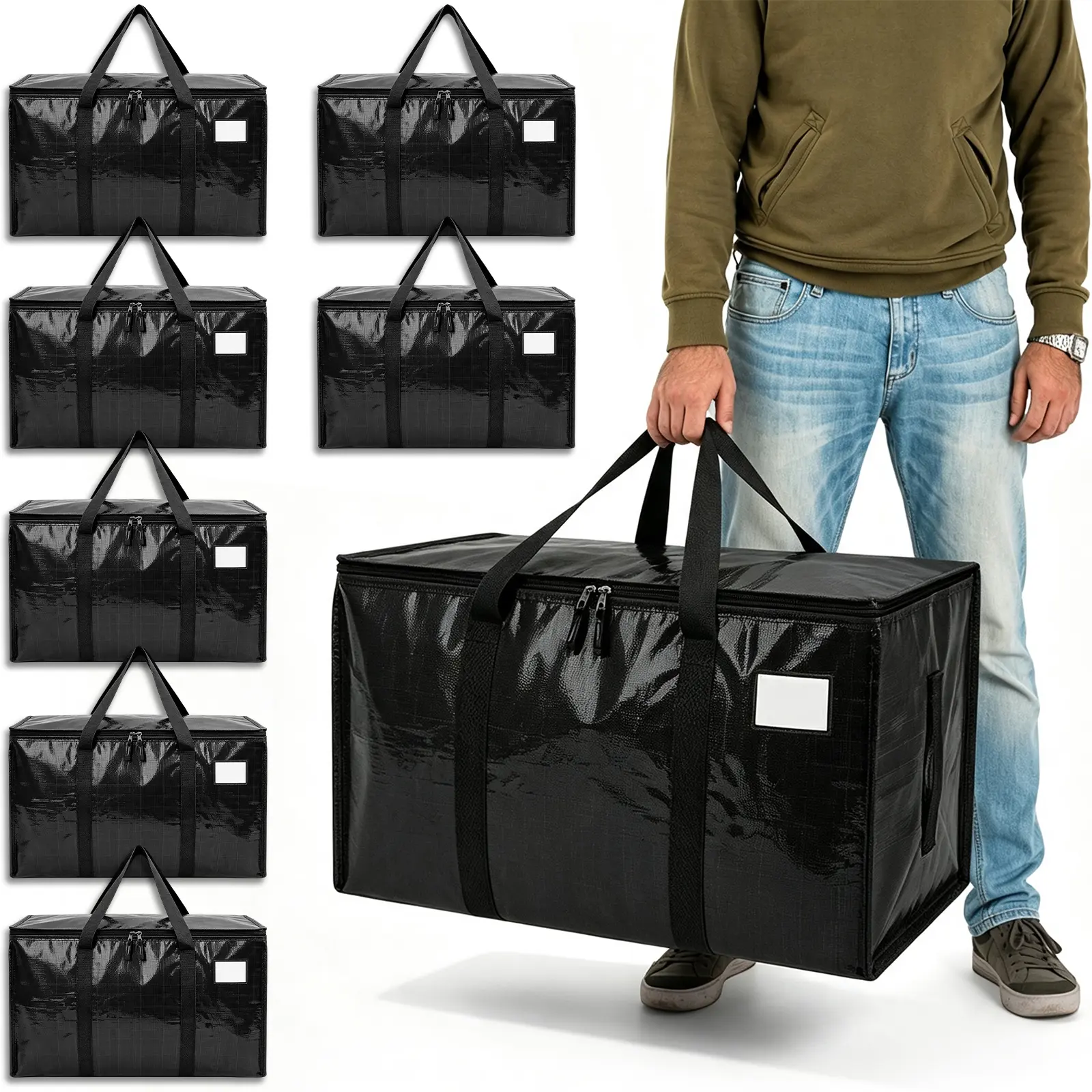 8 Pack Moving Bags Moving Storage College Dorm Camping Packing Travel PE Heavy Duty, Sturdy Handle, Zipper Large Storage Tote Bag Moving Boxes Box Alternative - Black