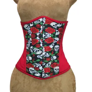 Red Cotton & Skulls Waist Training Corset – Gothic Waist Cincher, 26 waist goal, 13 Length waist cincher trainer shaper