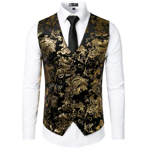 ZEROYAA Men's Sleeveless Retro Shiny Metallic Paisley Print Slim Fit V-Neck 3-5 Button Front Tuxedo Waistcoat - Smooth Soft Fabric, Adjustable Straps, Elastic Hipster, for Wedding, Party, Concert, Graduation, Hand Wash Only
