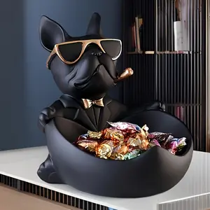 French Bulldog Storage Statue Decor, with Glasses & Key Tray, Animal Theme Candy Holder, Home Office Desk Decoration Gift, Decorative Figurines