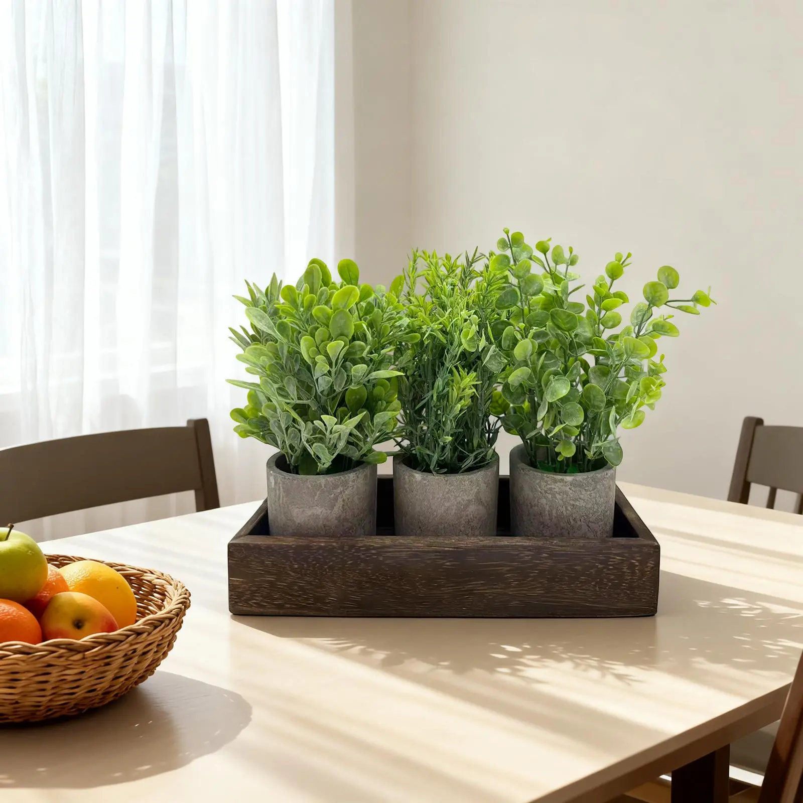 Artificial Eucalyptus Greenery Decor Set with Wood Tray & Pulp Pot, Faux Plants Table Centerpiece Shelf Desktop Farmhouse Home Decor