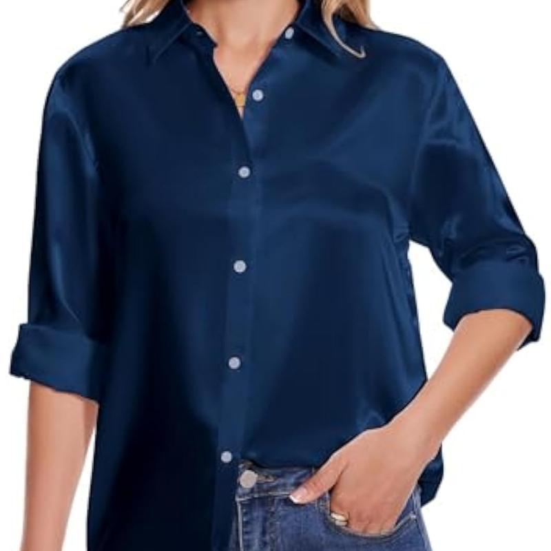 YAMANMAN  Loose Fit Casual v-neck Top Satin Blouse  Business Fashion Soft Breathable Summer Women's Loose Long Sleeve Collared Shirt