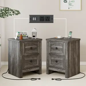 AMERLIFE Nightstand Set of 2 with Charging Station, Farmhouse End Table with 2 Drawers Storage Cabinet, Rustic Wood Sofa Side Table for Bedroom