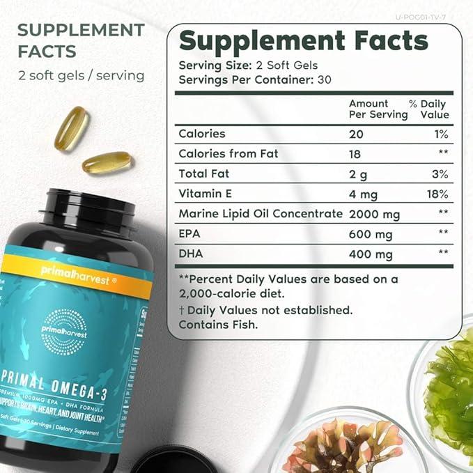 Primal Omega 3 – High-Potency EPA & DHA for Heart, Brain & Joint Health, Soft Gels Capsules, No Fishy Burps, Non-GMO