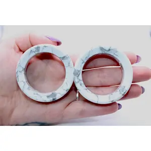 Genuine Howlite Double Flare Ear Gauges - Black and White Marble Look Tunnel Plugs Pair, Unique Jewelry Design Body Jewelry