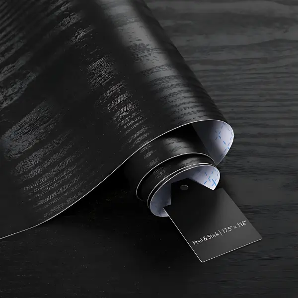 Black Wood Grain Textural Peel-and-Stick Renter-Friendly Wallpaper - 17.7x118 in Non-Pasted Self-Adhesive Vinyl, Removable, Reusable, Stain-Resistant, Waterproof, for Indoor Countertops, Cabinets, Drawers, Doors, Nightstands, Restaurants, Laptops