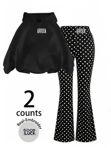 Women's Retro Pajama Set, Hoodie with Polka Dot Pants, Good Luck Embroidery, Fall Winter Fashion, Street Campus Music Festival Style
