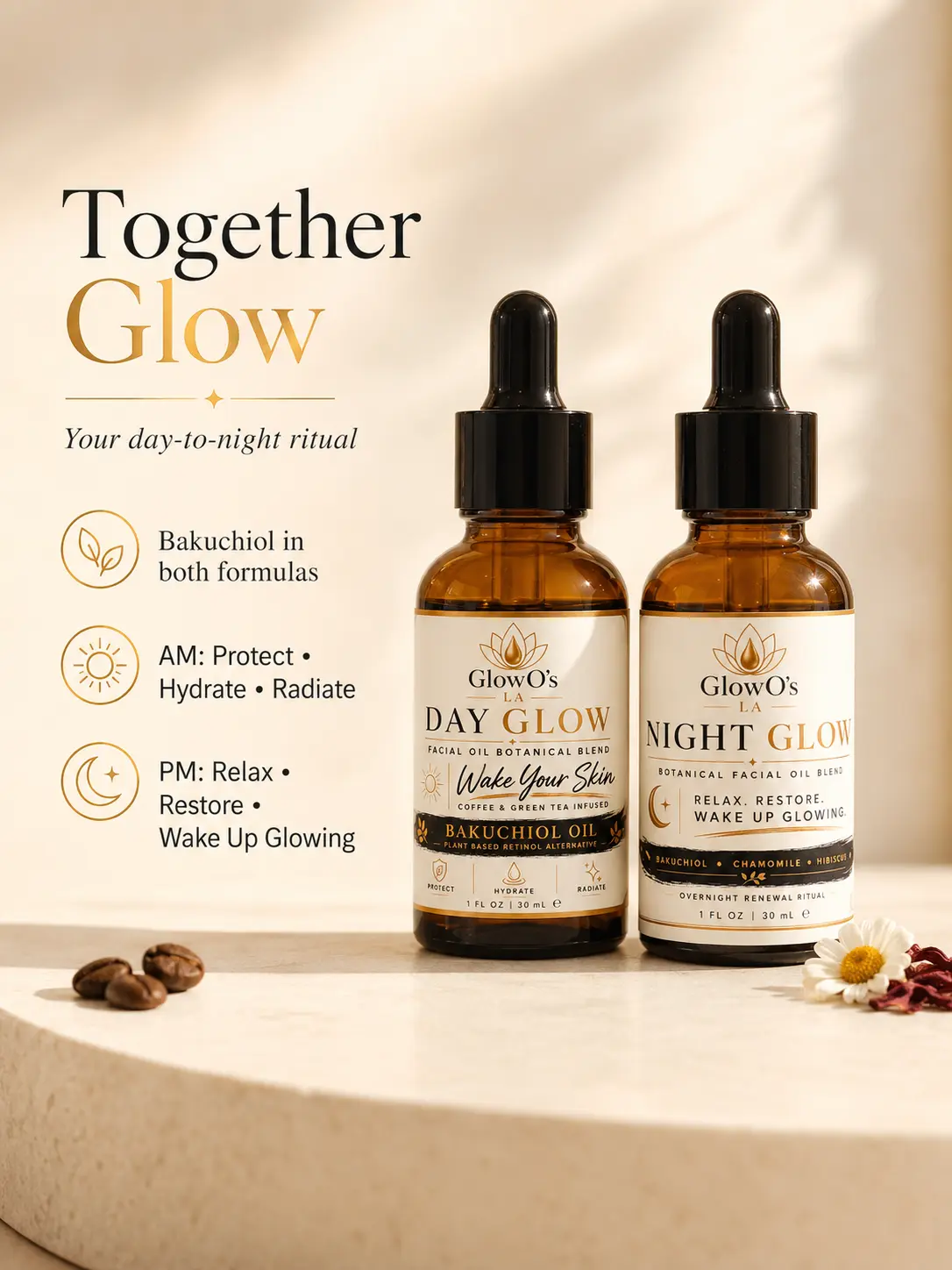 Together Glow By GlowO's LA - Day & Night infused oils with Bakuchiol oil daily facial moisturizers. Botanical Blends