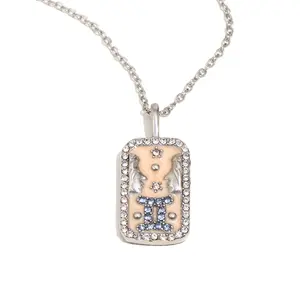 SIXFOX Zodiac Tarot Card Pendant Necklace, Stainless Steel CZ Enamel Horoscope Jewelry for Women