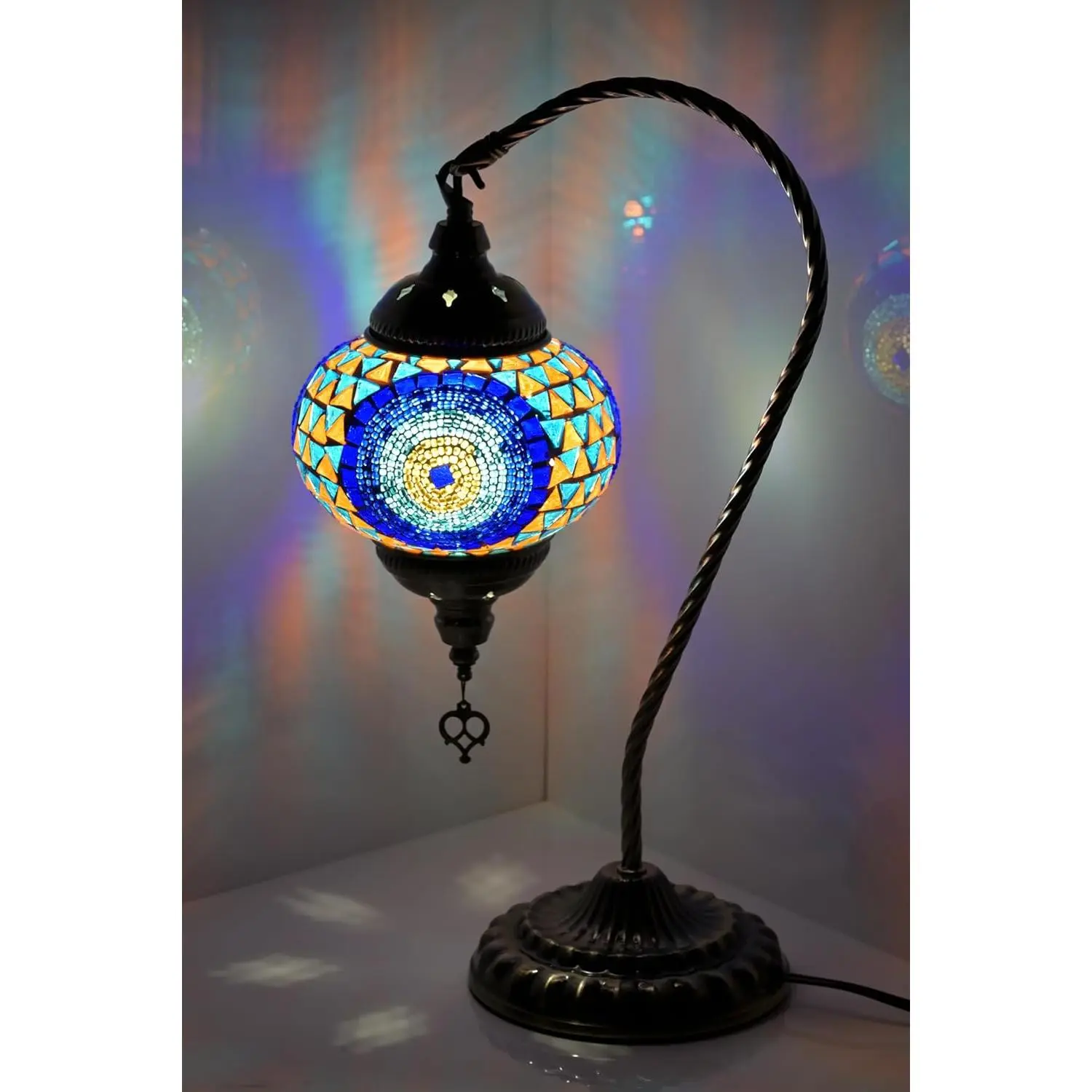 Swan  Turkish Moroccan Lamp Handmade Stained Mosaic Glass  Lamp Shade Bohemian Tiffany Style Bedside Night Lamp Lighting for Bedroom Living Room (Blue Colorful)