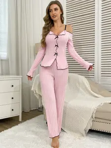 Valentine's Day Gift Set, Women's Fall Winter Pajamas, Thick Warm Striped Sleepwear, Cute Loungewear, Sweet Bow Tie Sexy Slim Fit Tank Top & Long Pants