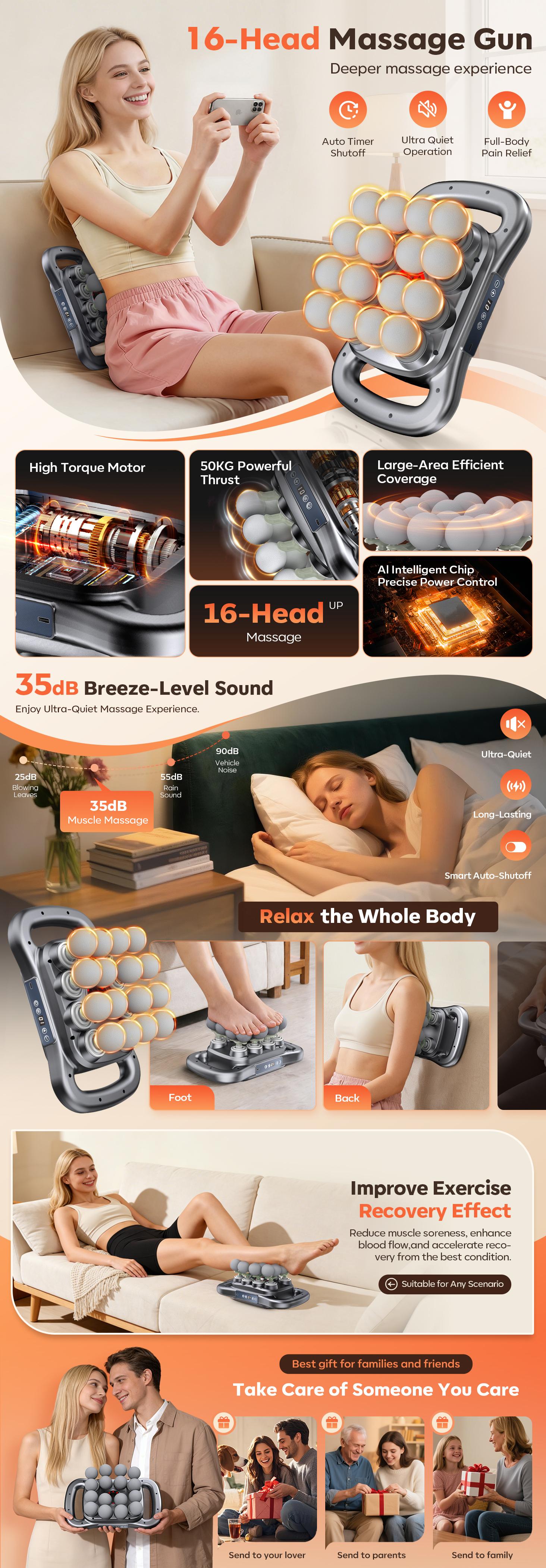 16-Head Massage Gun Set, Deep Tissue Percussion Massager with 9 Modes & 9 Intensity Levels, Quiet Muscle Massage Gun for Back, Shoulders, Legs, Foot, and Body Muscle Pain Relief with Red Light Therapy Adjustable,Family must-have