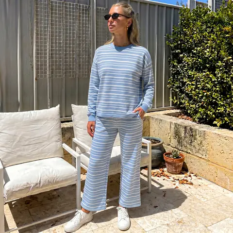 Chicovar Women's Striped 2 Piece Lounge Set Casual Long Sleeve Oversized Top and Wide Leg Pants Matching Outfit Soft Comfy Tracksuit with Pockets