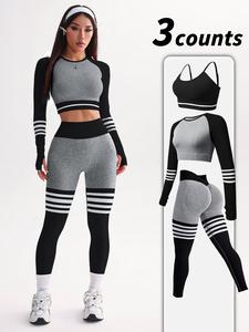 women's striped print sports bra & leggings & crop top tracksuit set, sporty breathable comfy outfits for yoga gym workout running, athleisure wear set, workout running clothes,sporty style clothes, fitness sportswear set