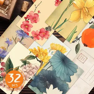Flower & Bird Pattern Postcard, 32pcs/set Vintage Style Postcard, Wall Decorative Card, Wall Sticker, Message Card, Greeting Card, Gift for Friend