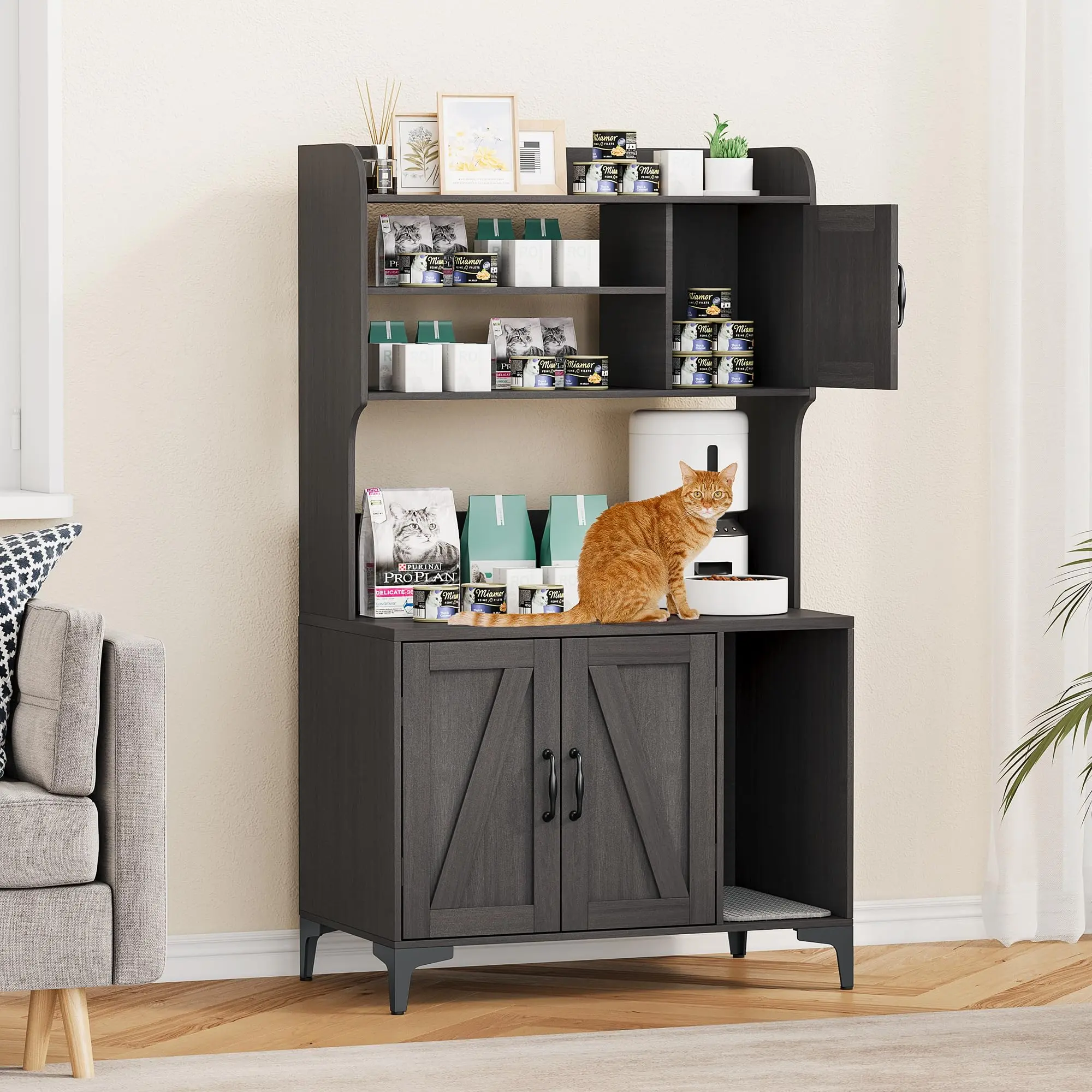 GARVEE Cat Litter Box Furniture,Hidden Cat Box Enclosure with Shelf Storage, Wood Sturdy Cat Washroom Storage, Indoor Cat House Furniture - Walnut Wood