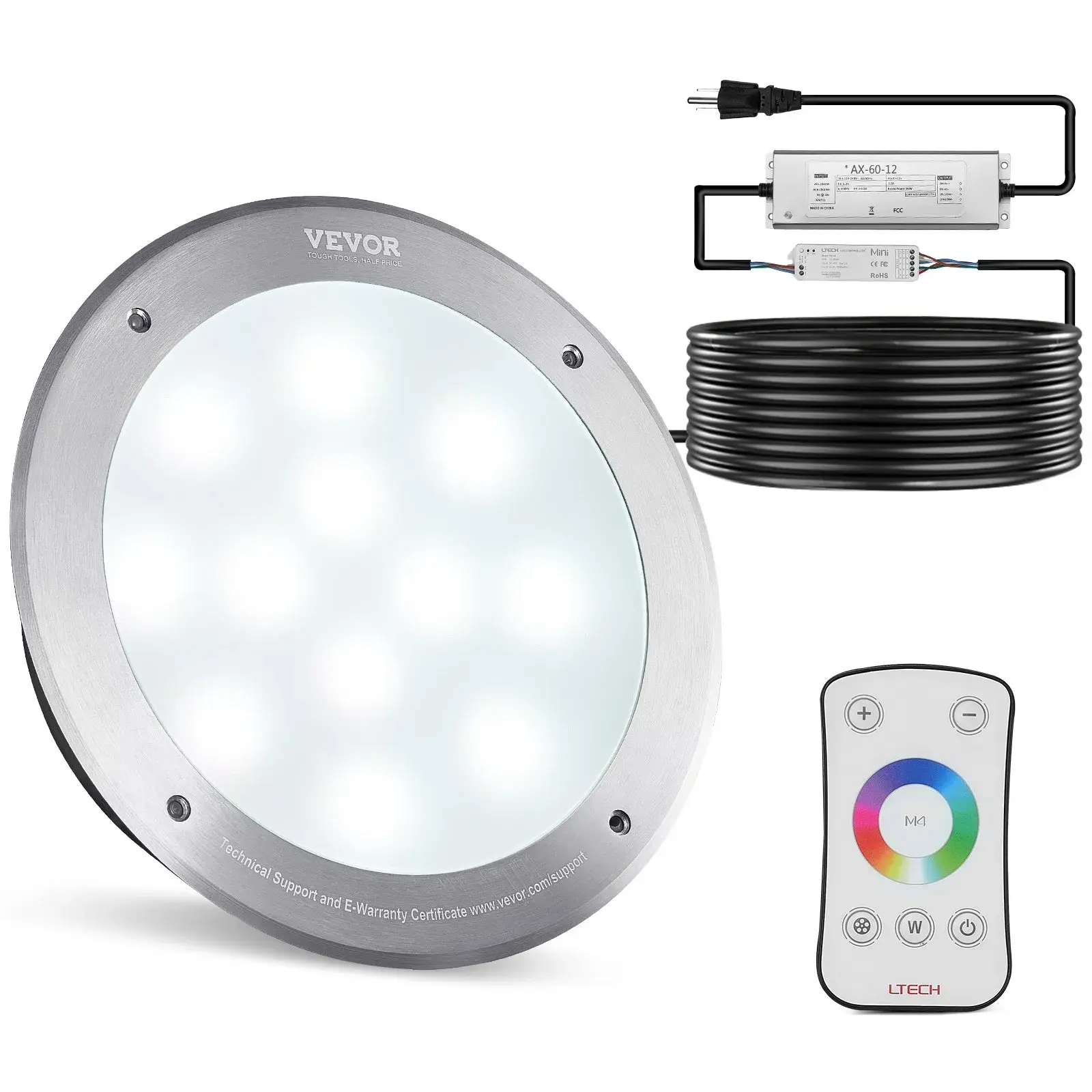 【toolupgrade】VEVOR 120V AC 40W Bright LED Inground Light Plug-In Set - 10in Outdoors RGBW Color Changing Light with 100FT Cord, Remote Control, Flash & Jump Modes, Fits 10in Large Wet Niches, IP68 UL-Tested for Swimming Pools & Spas