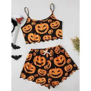 Women's Halloween Pumpkin Print Vest Top & Shorts Pajama Set, Fun and Comfortable Sleepwear for Parties or Cozy Nights at Home