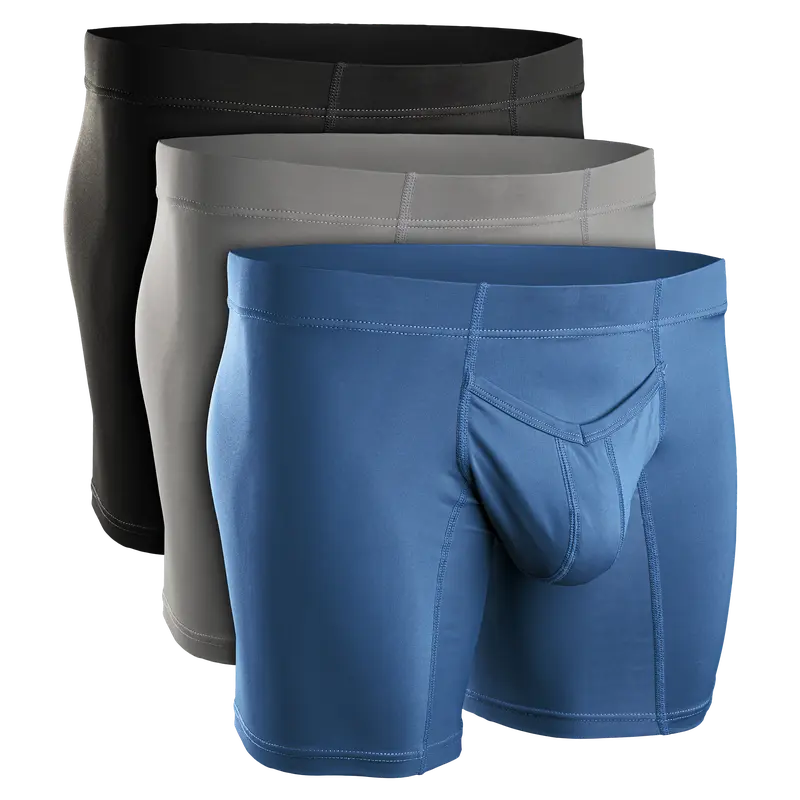 Men's 3-Pack Nylon V-Fly Enhancing Pouch Boxer Briefs - Black, Grey, Navy, Modern Plain Mid-Waist, Moisture-Wicking Fabric, Easy Styling, Big Sizes with Pocket, Compression Underwear for Work, Activewear, A Pouch