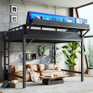 Black Queen-Size Metal Loft Bed Frame - With Storage Shelves, Pegboard, USB Ports, LED Lights - Safe, Sturdy Indoor Furniture Bed Frame