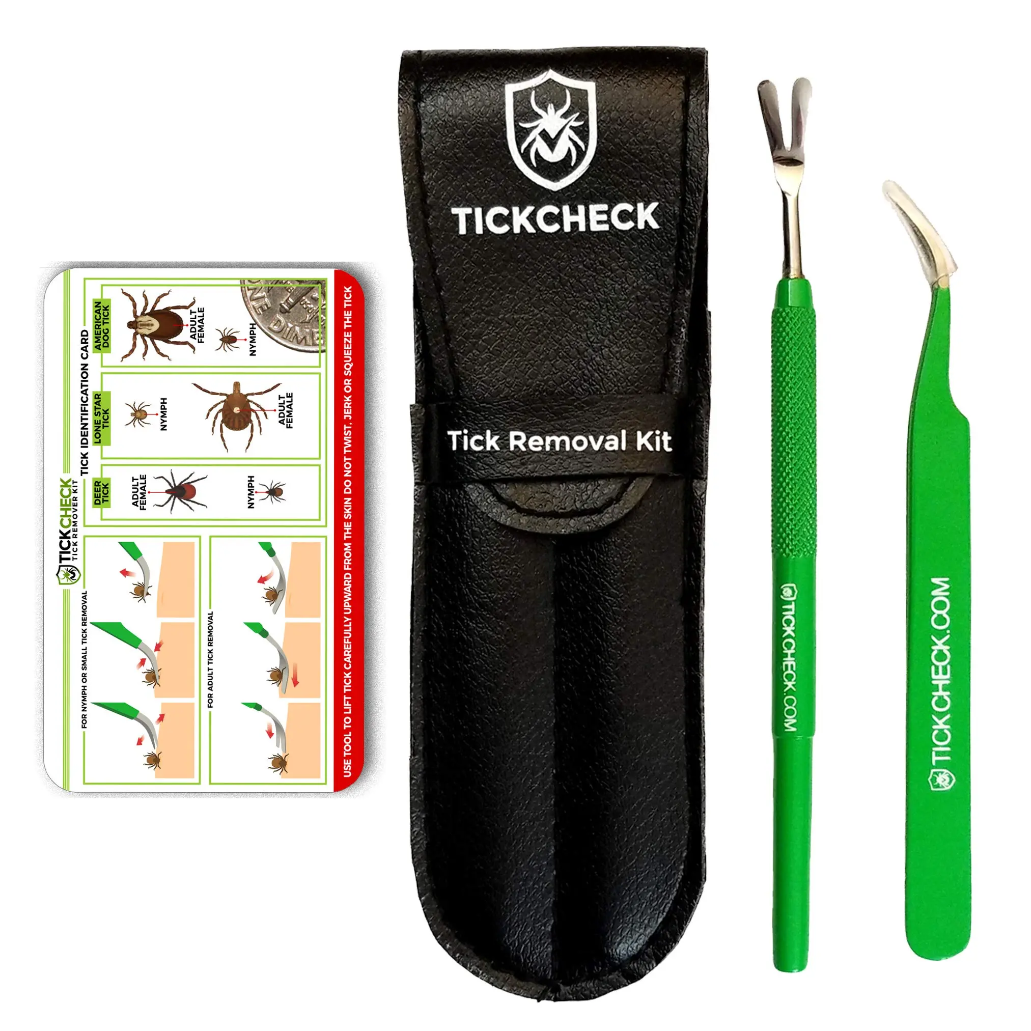 Premium Tick Remover Kit with Stainless Steel Removal Tool, Fine Tip Tweezers, Leather Storage Case and Tick Identification Card for People and Pets
