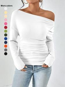 women's plain ruched asymmetrical neck tee, casual fashion drop shoulder long sleeve t-shirt for spring & fall, women's top for dating daily wear