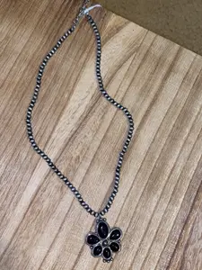 Navajo Beaded Necklace with Black Flower Pendant