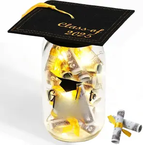 2025 Graduation Gifts for Her/Him- Lighted Graduation Mason Jar Filled with Money & Class of 2025 Cap Kit,Graduation Decorations Class of 2025 Graduation Centerpieces, Money Gift Ideas for Boys Girls