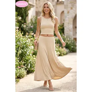 Yolabra  Ribbed Crop Top  Maxi Skirt Set Sleeveless Round Neck Two-Piece Outfit  Neutral Beige Elegant Co-Ord Stretchy Ribbed Knit Fabric Slim Fit Crop Tank Top Flowy High Waist Maxi Skirt Casual To Formal Versatile StyleSummer Everyday Wear Essential