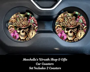 Steampunk Neoprene/Ceramic Coasters, 2-Pack Vehicle Accessories, Fits Standard Cup Holders & Most Cars, Offers Spill Protection, Stylish Functional In-Car Decor