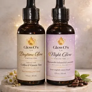 GlowO’s LA Morning & Night Glow Oil Duo – Coffee, Green Tea + Bakuchiol Botanical Facial Oils