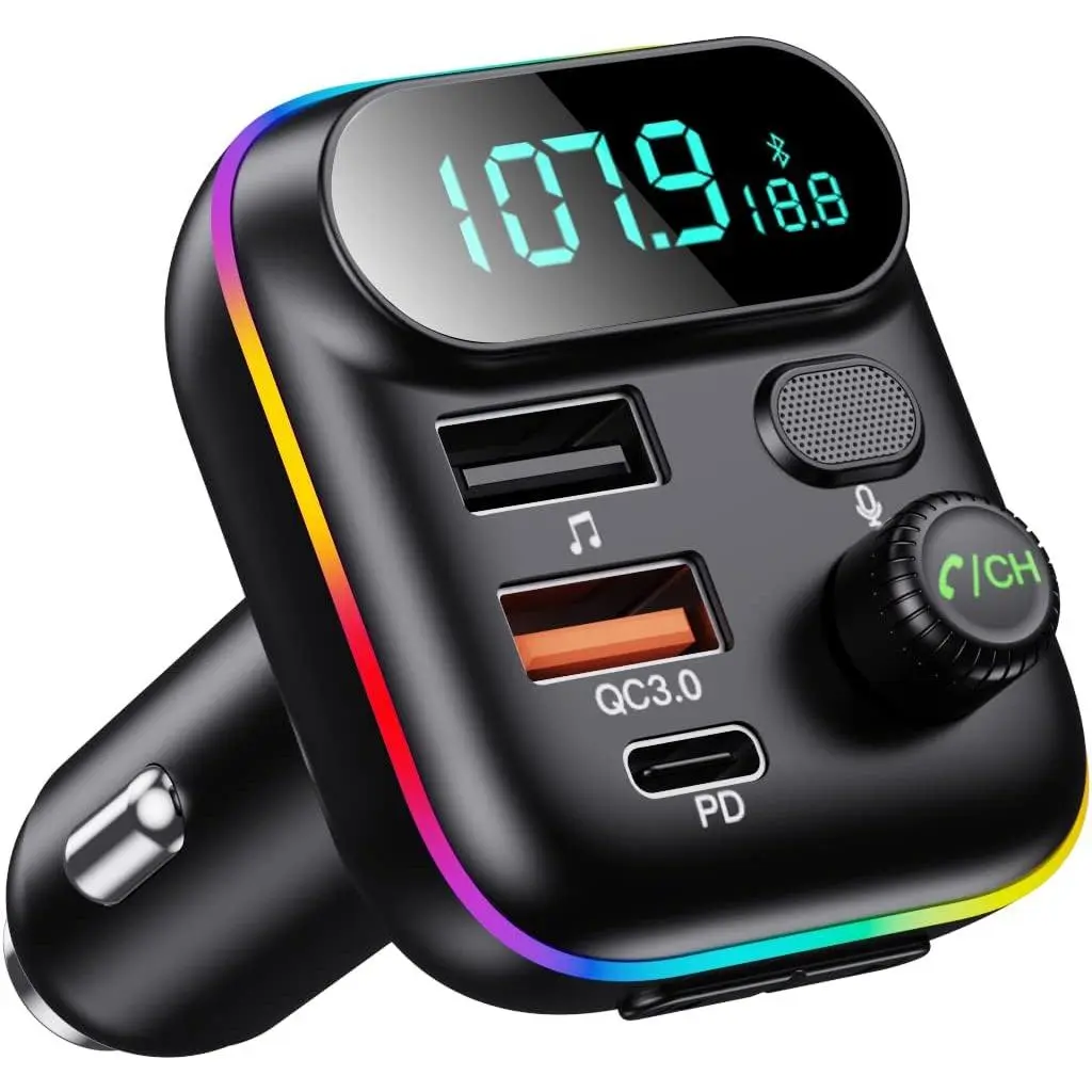 Universal Bluetooth 5.0 FM Transmitter for Cars, Wireless Bluetooth Adapter with MP3 Player, QC3.0+PD20W USB Car Charger, 7-Color LED Backlit, Voltage Check, Compatible with Mobile Phones & TF Cards