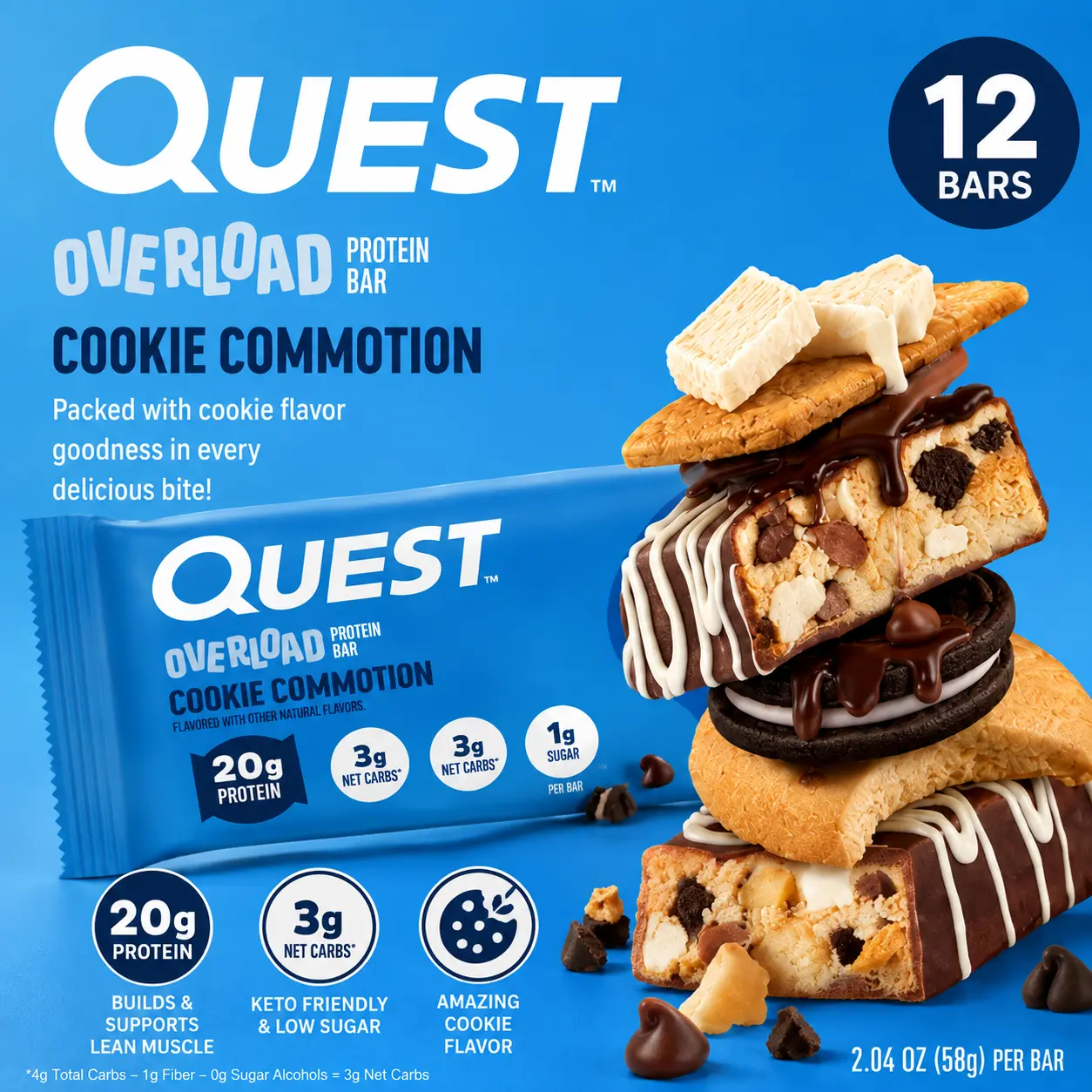 Quest Protein Overload Bar Cookie Commotion 2.04 oz 12 Count High Protein Snack Bars