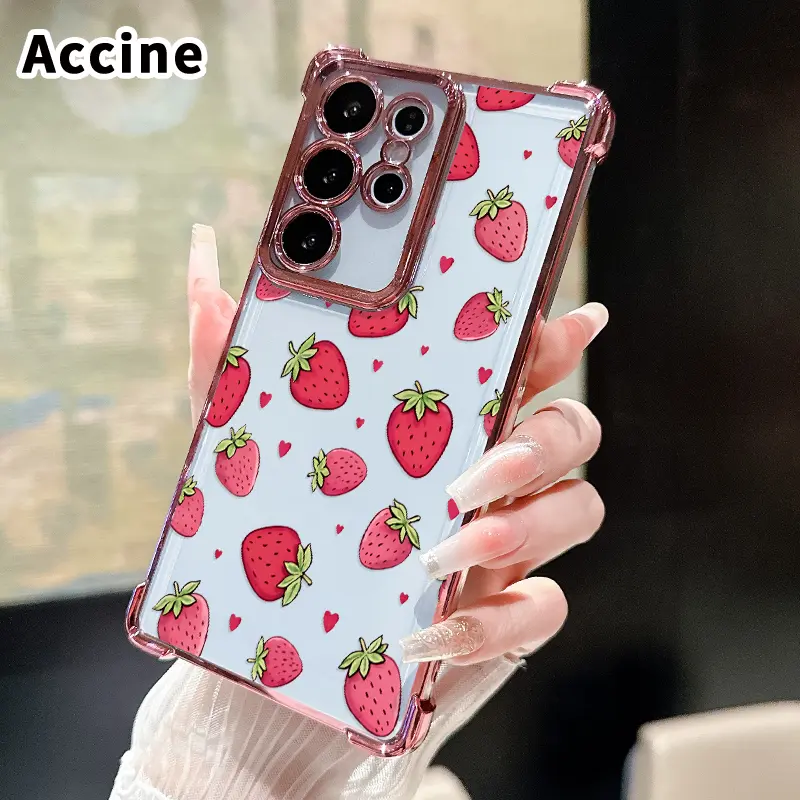 Compatible with Samsung Galaxy S23 Ultra S24 Plus S25 S22+ FE Edge Strawberry Heart Dream Pattern Phone Case Electroplated Cover with Airbag Shockproof Soft Silicone Casing