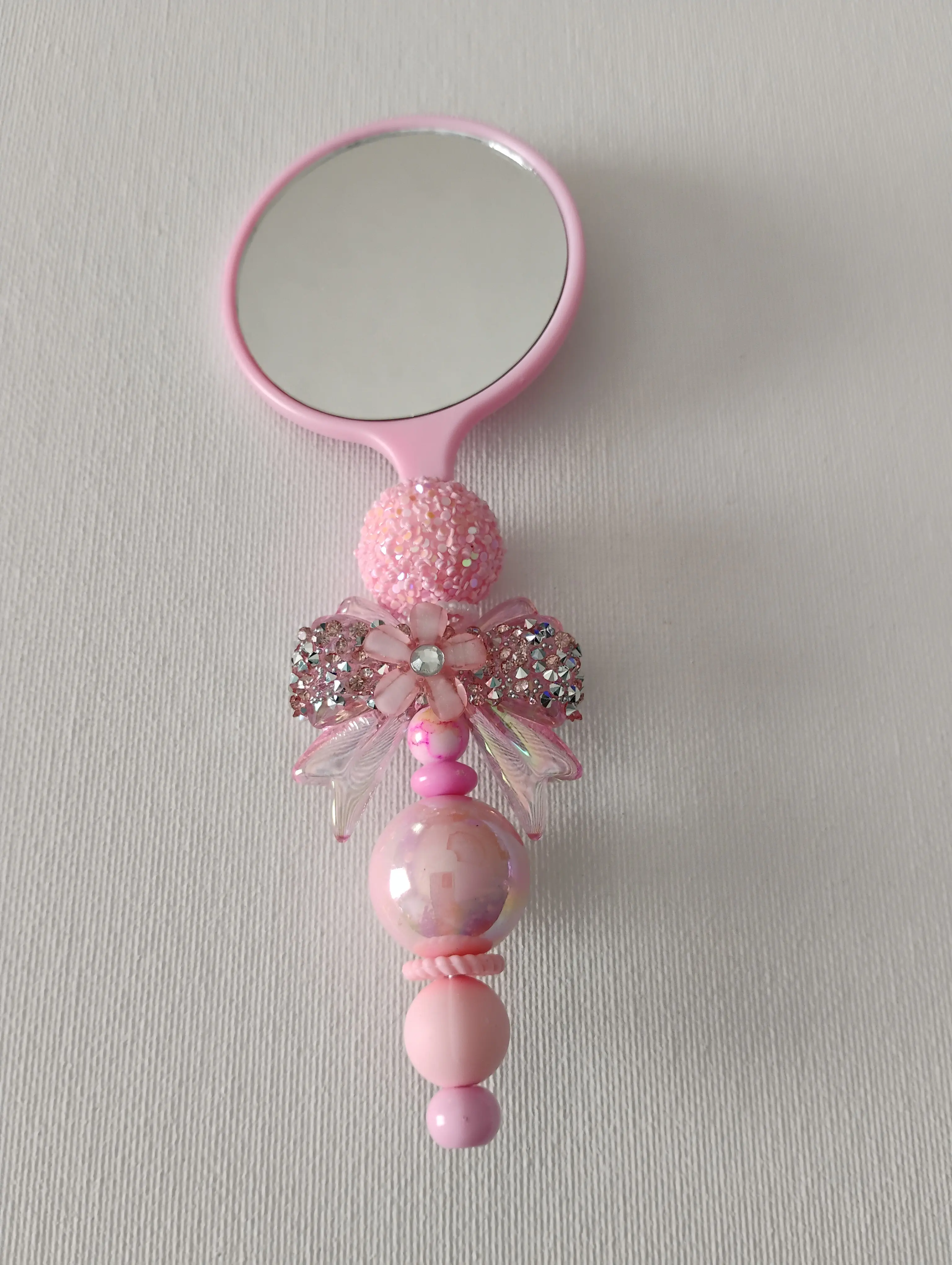 Beaded Handheld Mirror with Pink Beads and Decorative Bow for Elegant Gifting Perfect for Gift Giving