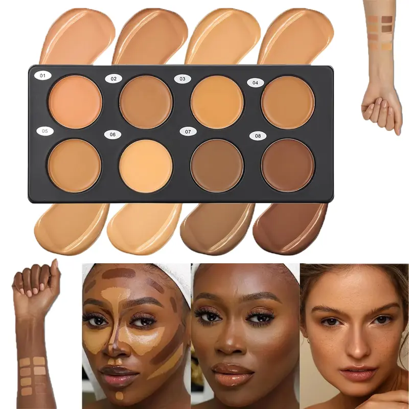 8 Shades Cream Contour Concealer Palette, Full Coverage Concealer for Dark Skin Black Women, Long Lasting Waterproof Matte Finish Contour Highlight Bronzer Palette, Natural Blendable Cream Makeup