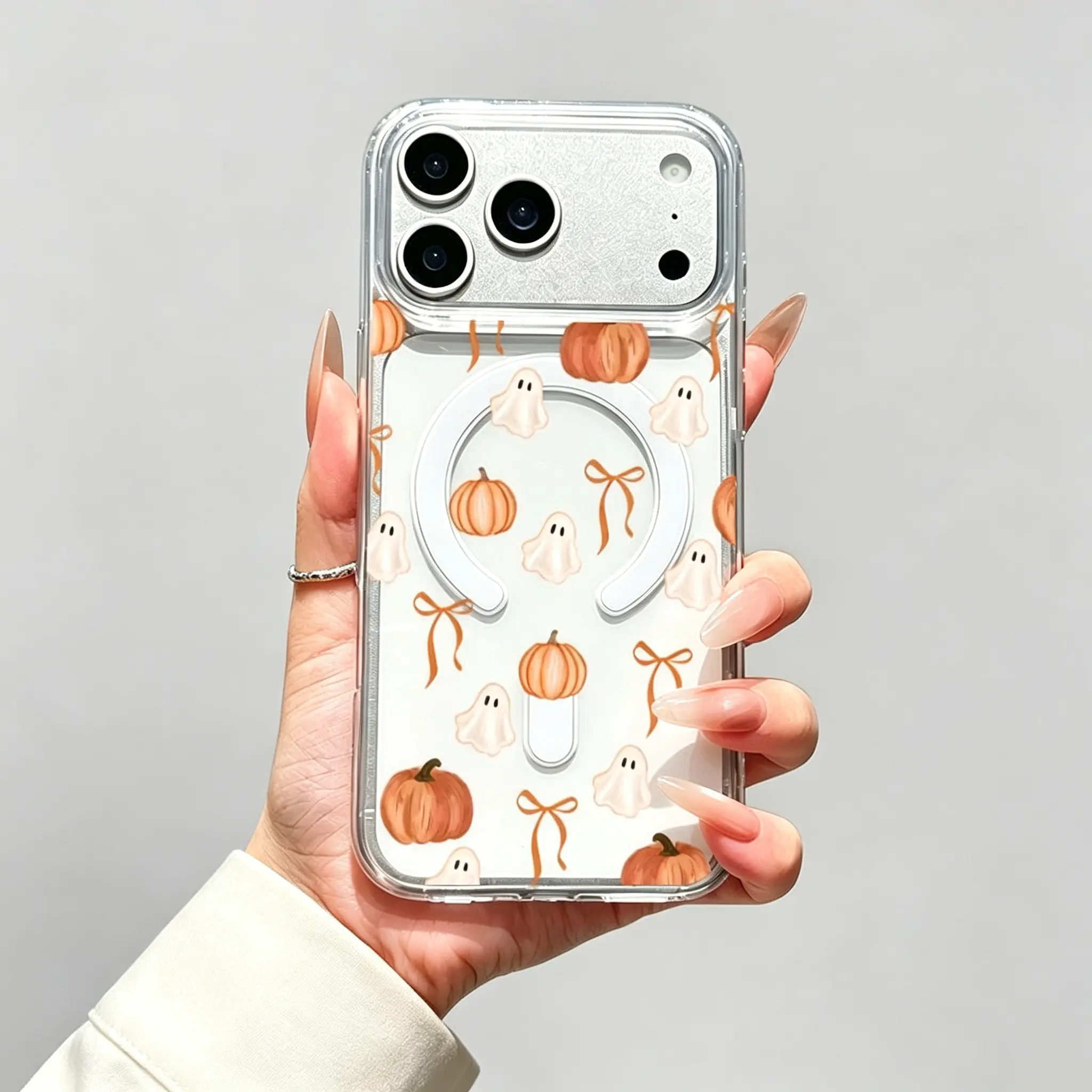 Ghost Pumpkin Orange Bow Watercolor Phone Case,Soft Fall Halloween Pattern for  17 16 15 14 13 12 11 Plus Pro Max,Tender Cute Autumn Season Surprise Present Giftcomprehensive protection,Christmas,Delight,iPhone,Silicon,high-d,Rugged,luxury,crystal,texture