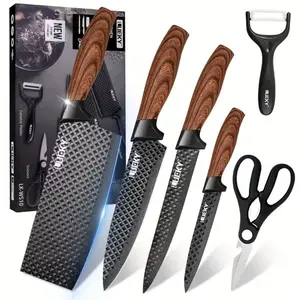Professional 6 Kitchen Knife Set, Chef's Knife, Slicing Knife, Scraper And Scissors, High Carbon Stainless Steel Super Sharp, with Anti-stick Ergonomic Wooden Handle, Chef's Knife Set, Suitable for Family Travel, Gift Box Set
