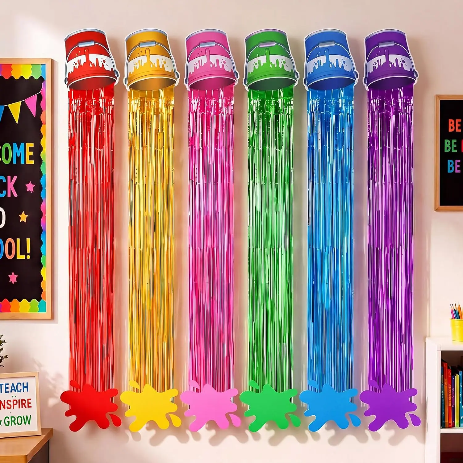 30 Pcs Art Paint Party Decoration Back to School Paint Cans with Rainbow Foil Fringe Curtains Painting Splatter Paper Cutout Art Theme DIY Decor for Classroom Birthday Party Backdrop Decor