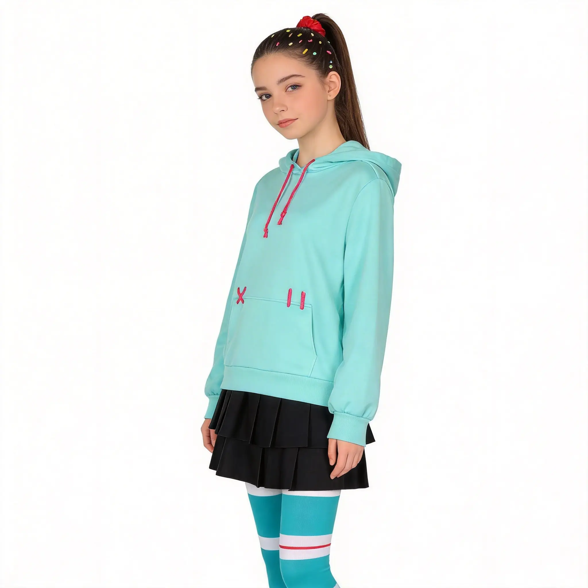 Women's Vanellope Inspired Cosplay Pullover Hooded Sweatshirts - Full-Sleeve Fitted Soft Elastic Polyester Lightweight Fabric Hoodie, S-XXXL, Low-Iron, Cartoon Style, for Halloween & Daily Wear, All-Season Costume Outfit