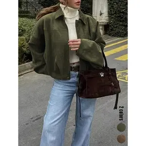 Women's suede leather jacket, coffee colored synthetic leather flight jacket, oversized bat sleeves, casual sports style, Y2K retro, Tiktok trendyRAIMENTRY