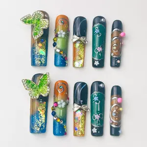 DiDazzle Butterfly Jungle “Jungle Wing” Aquarium Press-On Nails – Green Liquid Core Square Fairycore Nails, Viral