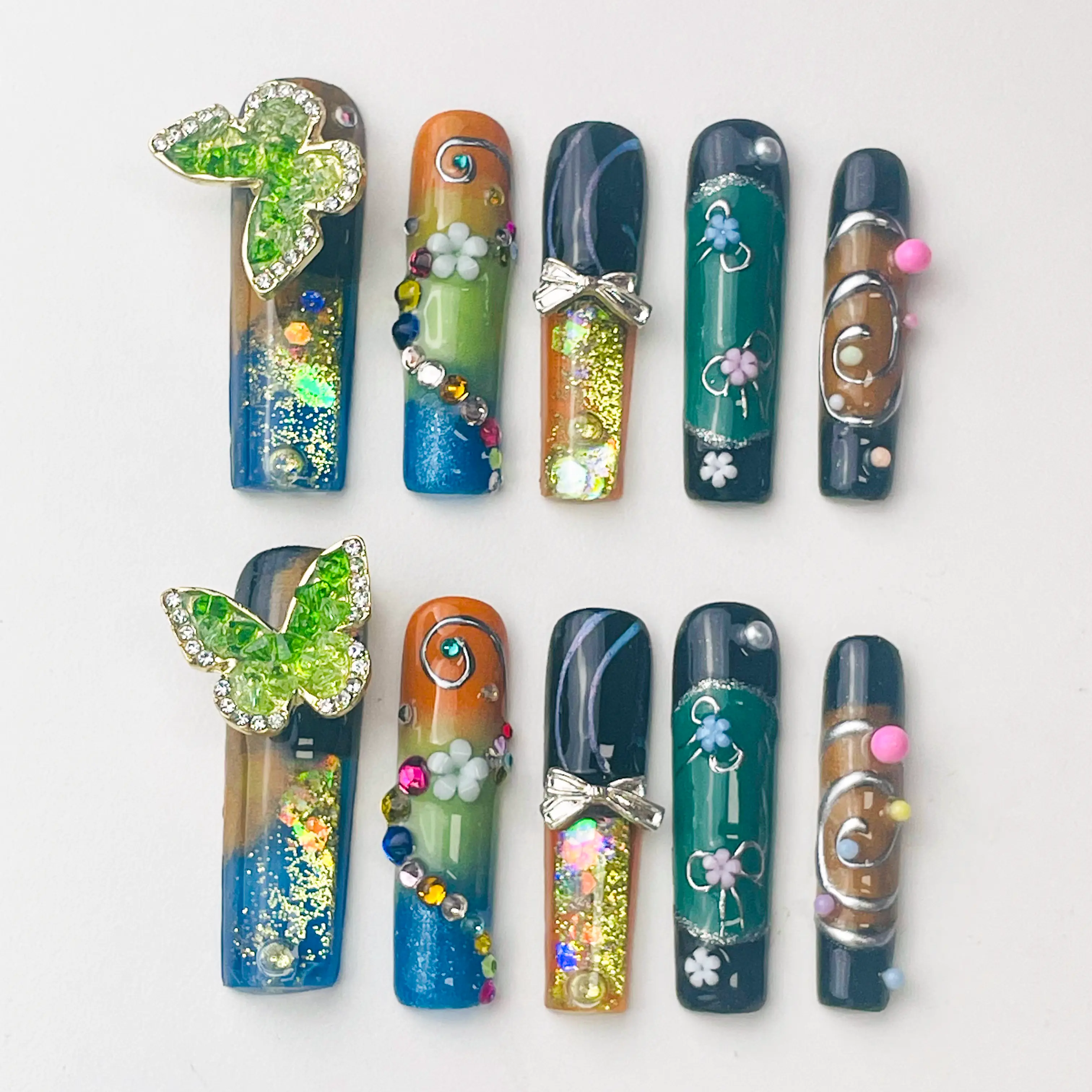 Acrylic Press-On Nails - Trendy Glossy Square Fake Nails with Green Aquarium Liquid Core, Jungle Wing Butterfly Fairycore Design for Quick Changes, Green Liquid, Easy Apply