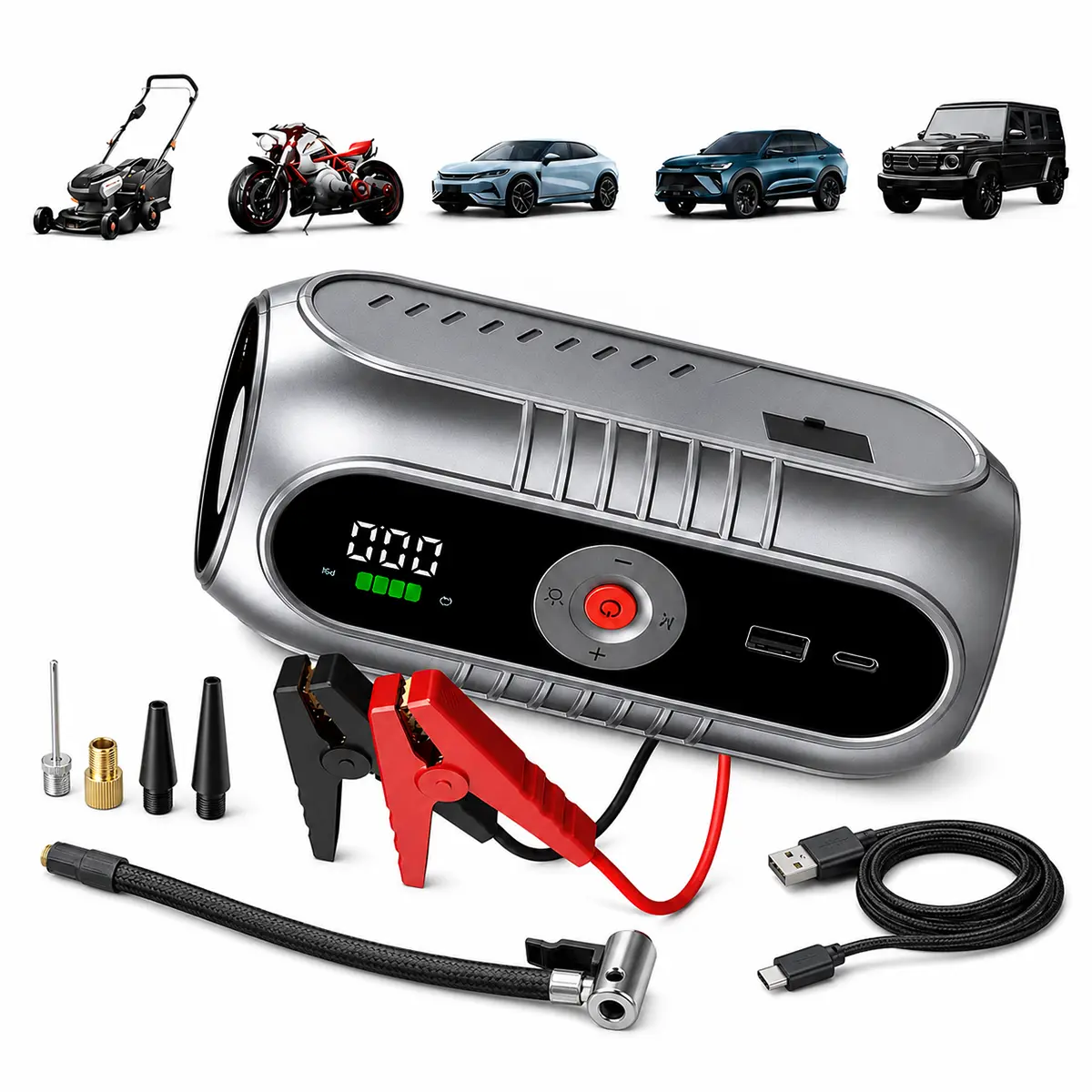 Jump Starter with Air Compressor,Portable car jump starter with air compressor, 12V car battery charger, 150 PSI tire inflator, LED emergency light, suitable for gasoline and diesel vehicles, fast local warehouse shipping