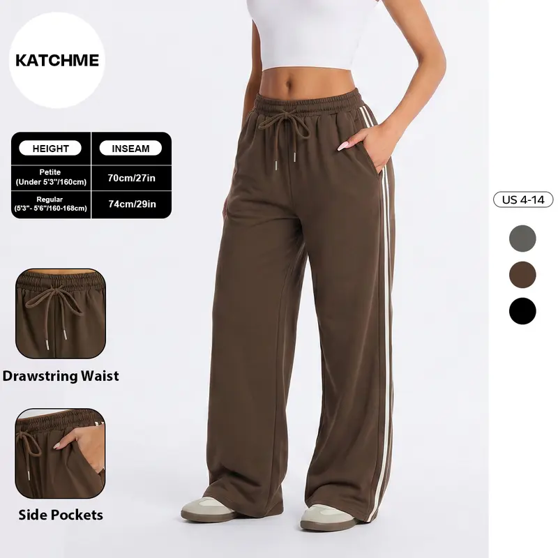 KatchMe Women's Casual High Waist Striped Wide Leg Trousers, Sporty Drawstring Waist Side Pocket Outfit, Minimalist Versatile Women's Bottom