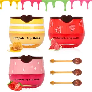 3 PCS Bee Lip Mask Honey Pot Lip Balm, Strawberry Watermelon Lip Mask Overnight Hydrating Dry and Crack Moisture Moisturize