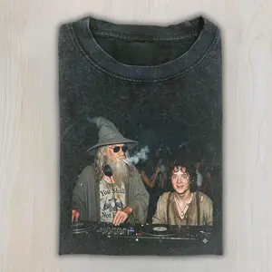 Gandalf DJ Frodo Party Meme T-Shirt, Legendary Wizard Club Scene Parody From The Lord Of The Rings, Funny Fantasy Rave Graphic Tee For LOTR Fans And Gift Seekers, Unisex Cotton Crewneck T-Shirt Menswear Womenswear Streetwear Top