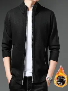 Men's Stand Collar Knit Cardigan Sweater Jacket Long Sleeve, Winter New Casual Formal Clothing, Fleece Lined Thick Coat, Polyester Fabric,Dad Gifts