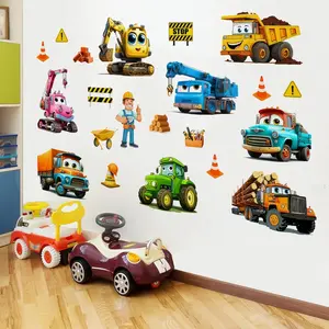 Cartoon Building Vehicle Truck Wall Sticker, Excavator Crane Wall Sticker, Suitable for Living Room Bedroom Bathroom Home Decor
