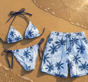 (Sale up 50%) Matching Couple Swimwear Set, Blue Palm Tree Bikini & Trunks, Tropical Beachwear, Honeymoon Anniversary Gift